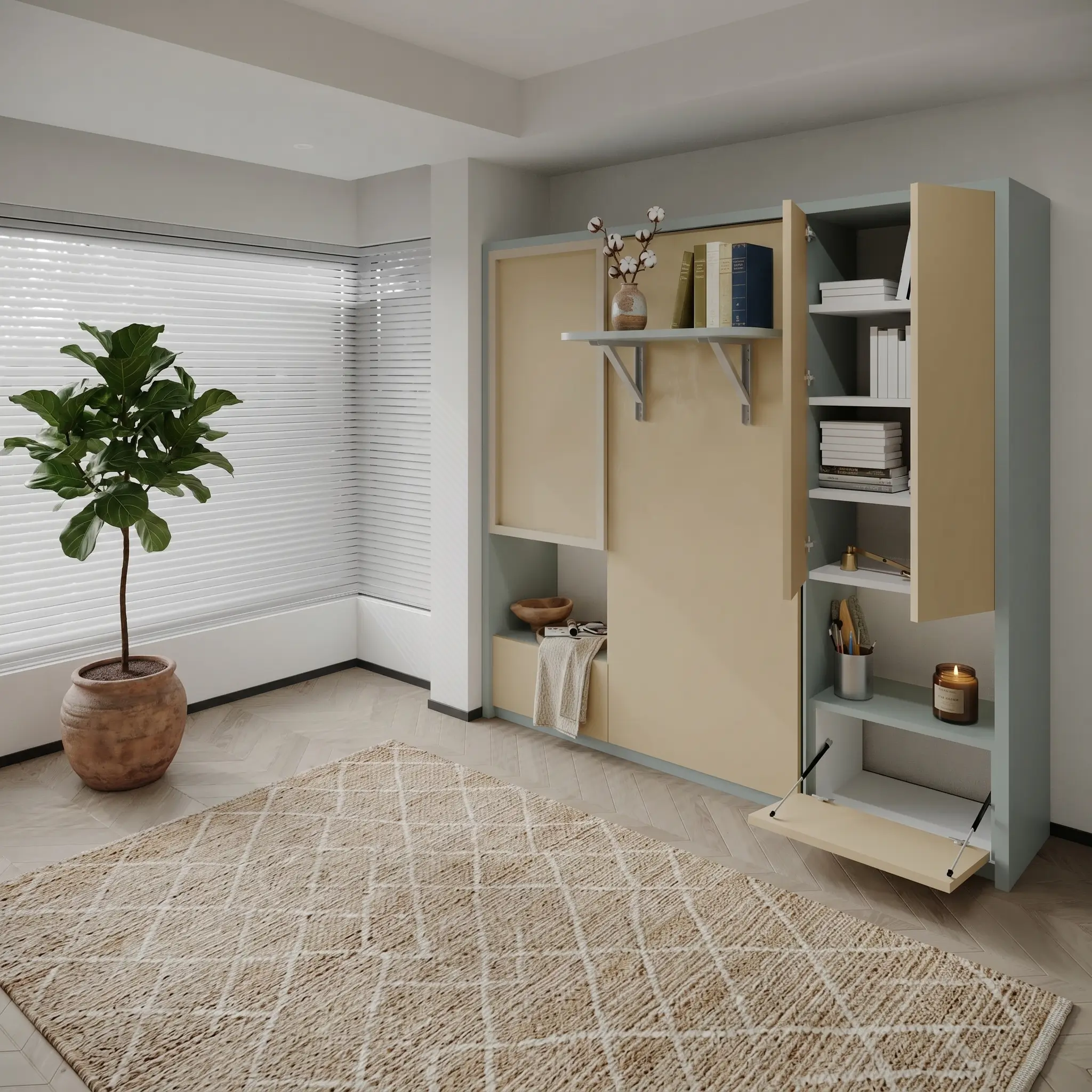 Single Wall bed with study desk and storage with elegant styling