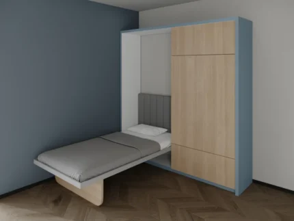 Space-saving single wall bed with integrated sliding dining table design