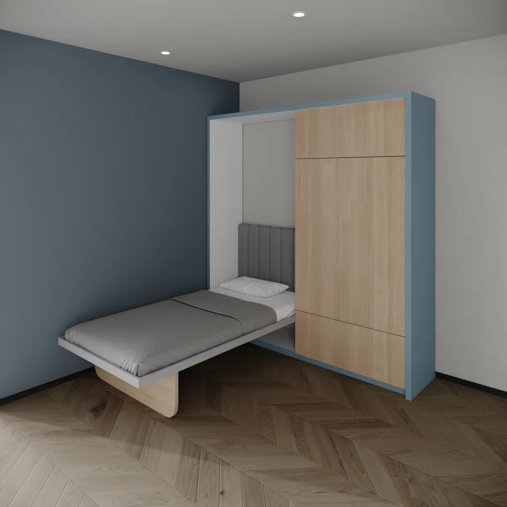 Space-saving single wall bed with integrated sliding dining table design