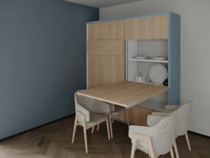 Modern single wall bed with sliding dining table for compact living spaces