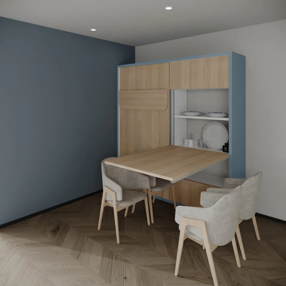 Modern single wall bed with sliding dining table for compact living spaces