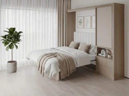 Double wall bed with foldable study desk for smart space-saving interiors