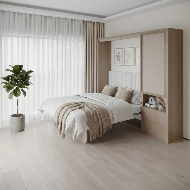 Double wall bed with foldable study desk for smart space-saving interiors