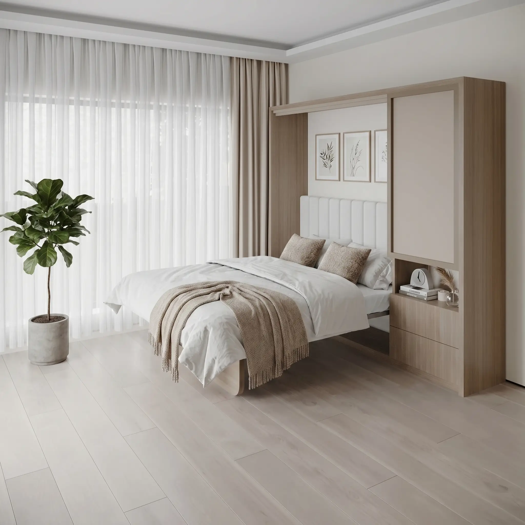 Double wall bed with foldable study desk for smart space-saving interiors