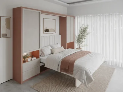Double wall bed with integrated study desk and organized storage
