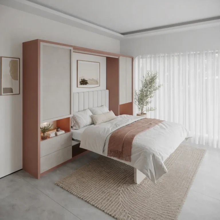Wall-mounted double bed with workstation and storage for smart living