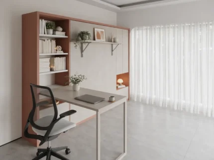 Double wall bed with study desk and storage for complete space-saving solution.