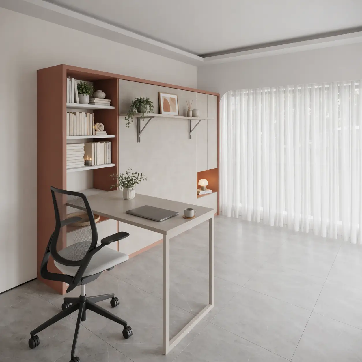 Double wall bed with study desk and storage for complete space-saving solution.