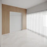 Smart double wall bed with symmetrical wardrobes for organized living