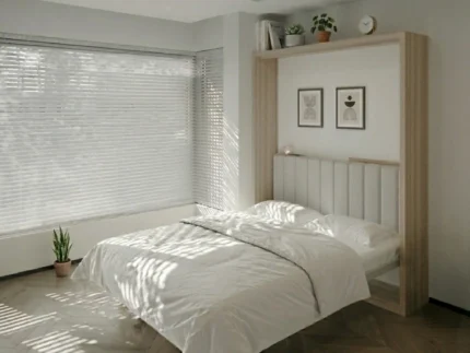 A double wall bed that folds neatly into the wall to maximize space and provide comfortable sleeping