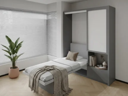 Single Wall bed with study desk in a modern bedroom.