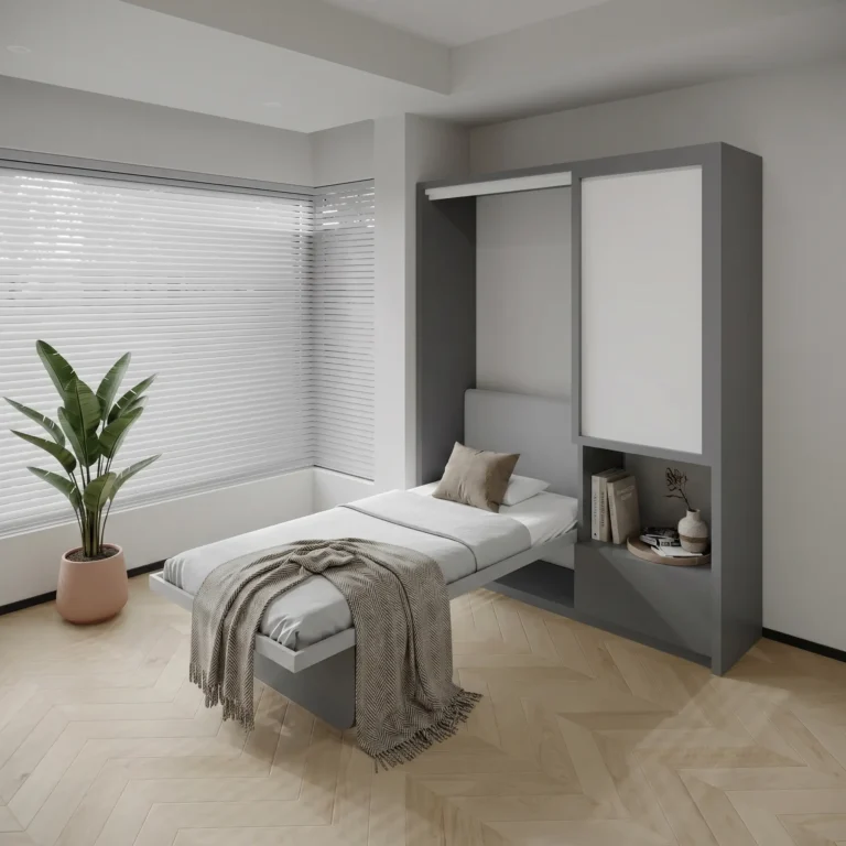 Single Wall bed with study desk in a modern bedroom.