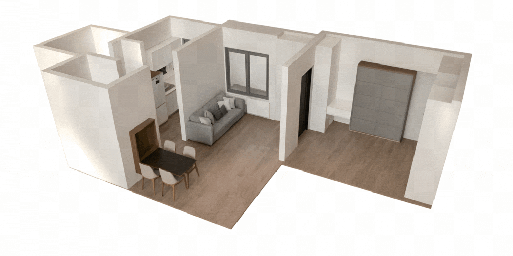 Modern multifunctional bedroom with space-saving wall beds and modular furniture layout