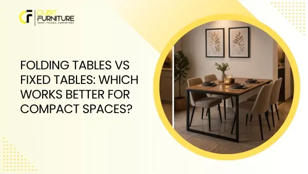 Folding table and fixed table comparison in a compact living space showing efficient space utilization