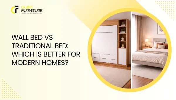 Wall bed and traditional bed comparison in a modern bedroom highlighting space-saving functionality