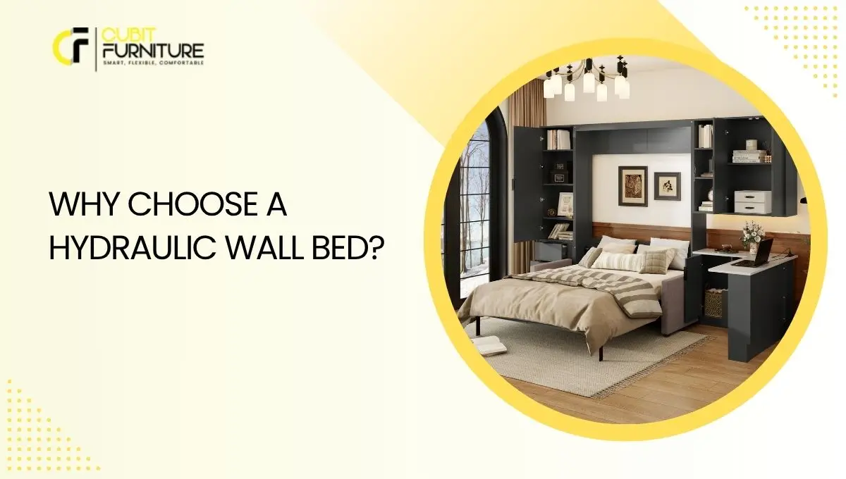 pace-saving hydraulic wall bed design with hidden storage in a compact bedroom