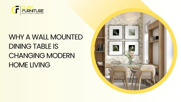 Wall mounted dining table folded down in a modern apartment dining area with space-saving furniture